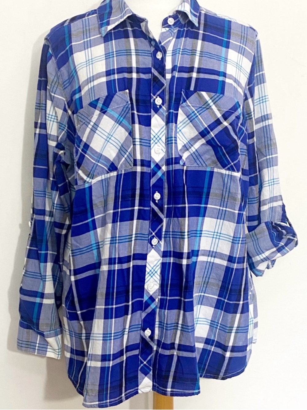 Relativity Blue Plaid Cotton Button-Up Shirt Tab Sleeves Wear Up Or Down 2X